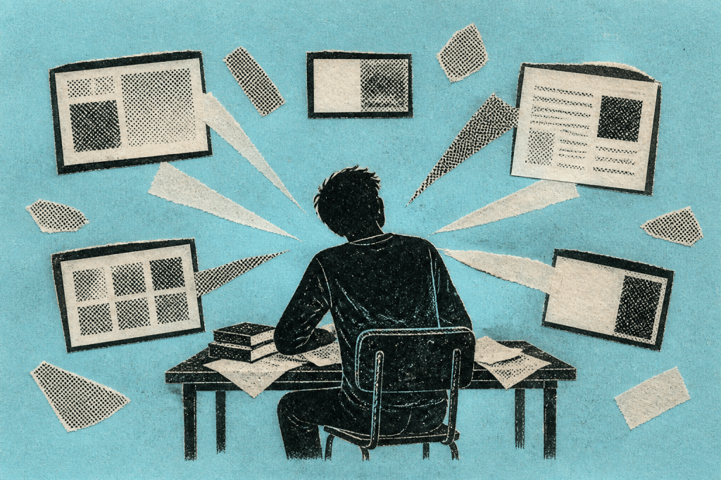 A cyan-and-black paper collage of a student surrounded by several competing screens.