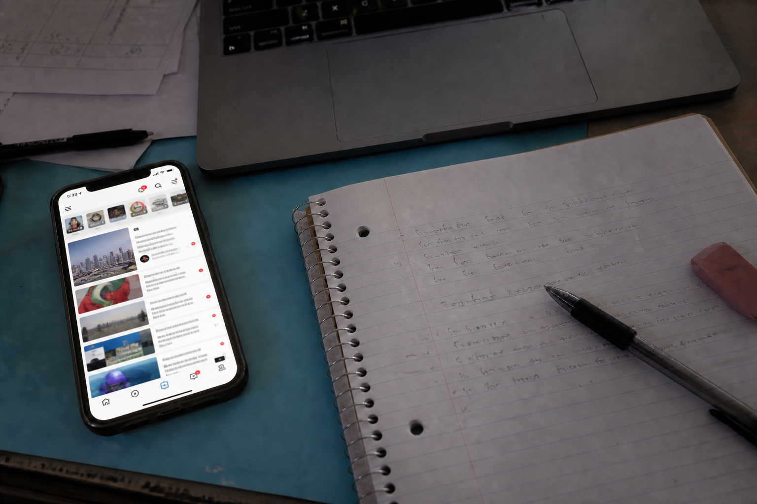 A smartphone displaying a busy content feed beside an open notebook and laptop on a student desk.