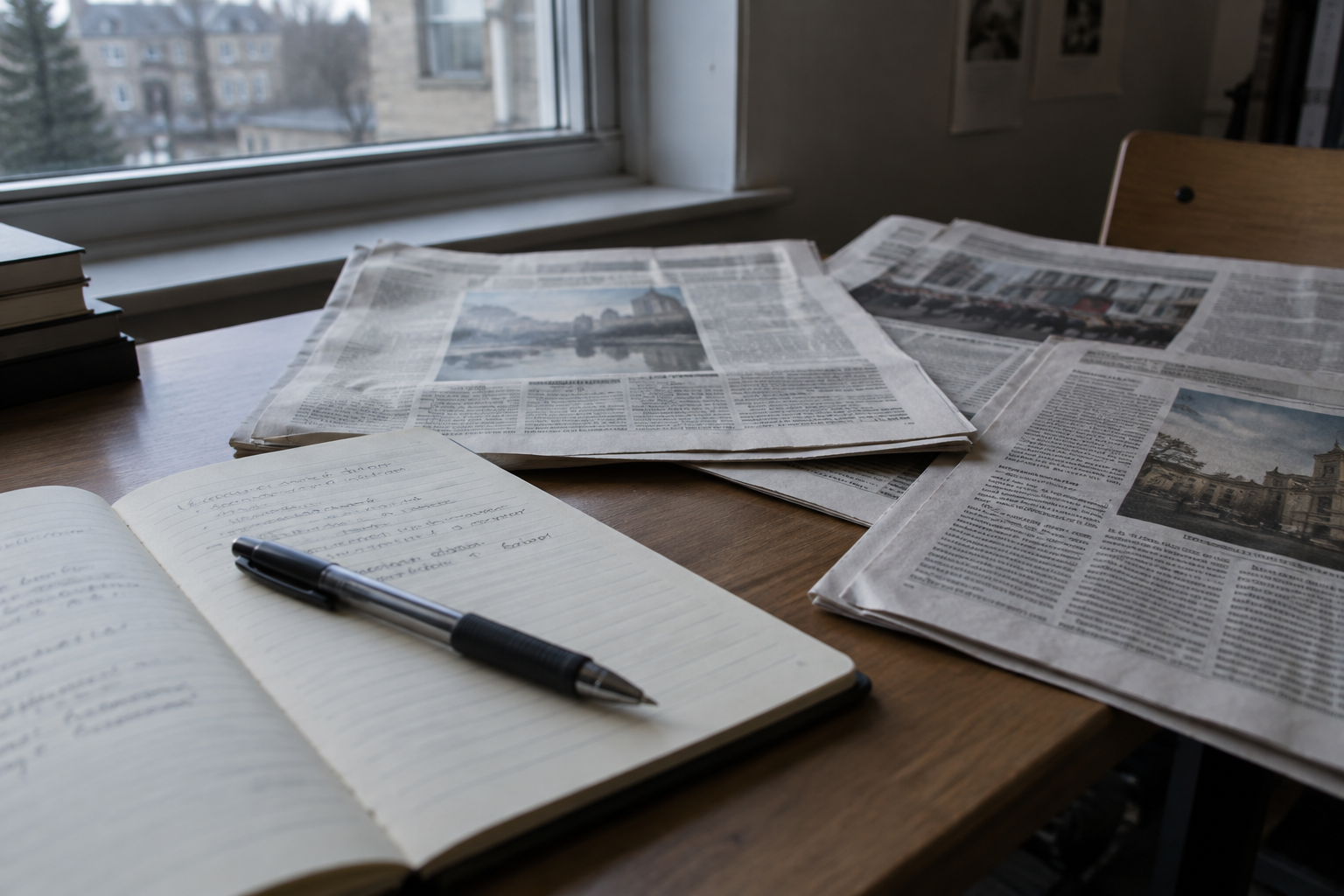 Newspapers, an open notebook, and a pen on a desk beside a window. AI generated illustration.