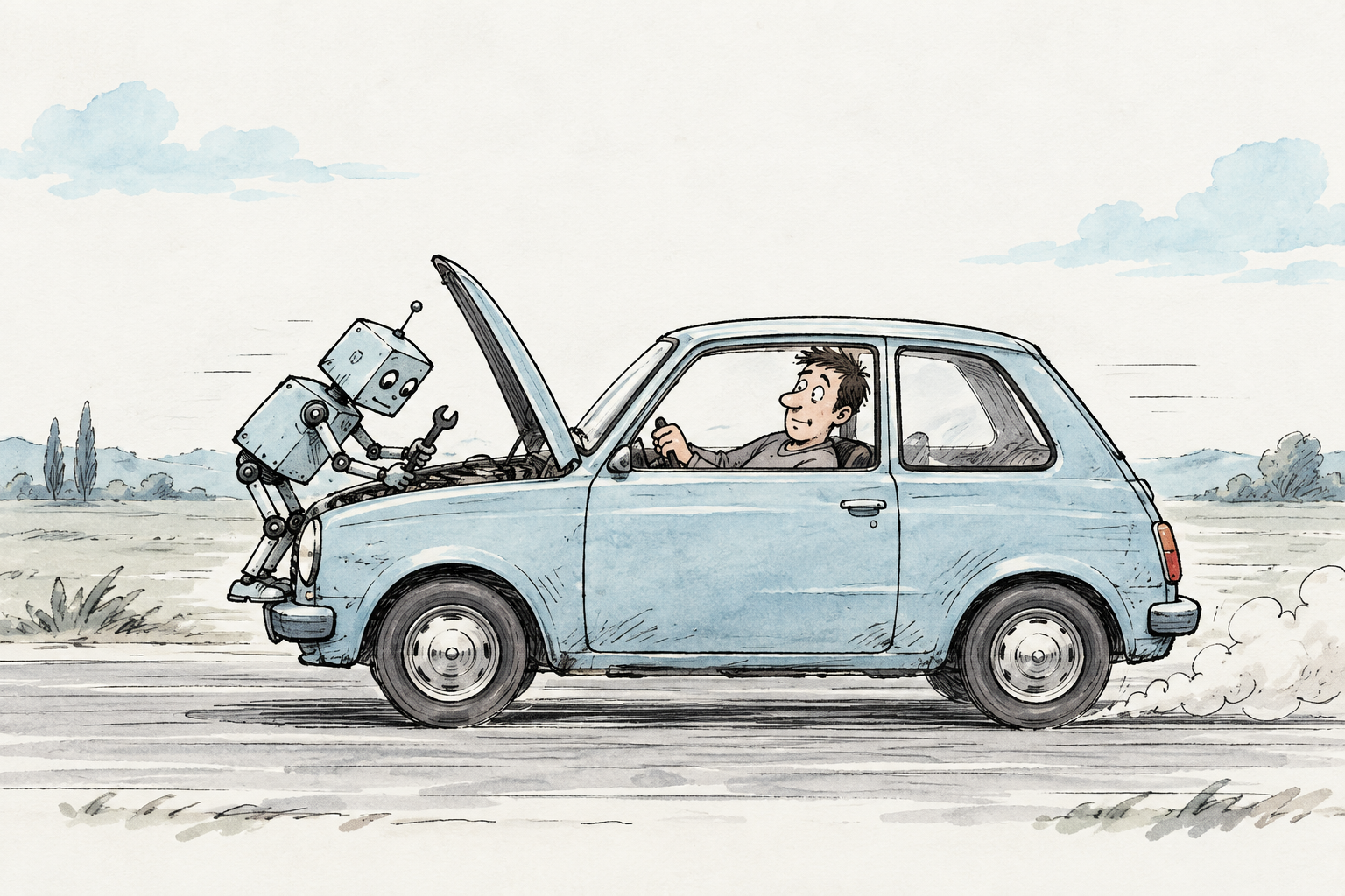 A robot repairs the open engine of a cyan car while a worried driver continues driving. Editorial cartoon generated with AI.